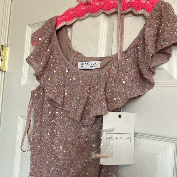 NWT $398 MAC DUGGAL FULLY Sequined Drop Shoulder Trumpet Gown DRESS MOCHA 5611 - Picture 6 of 8